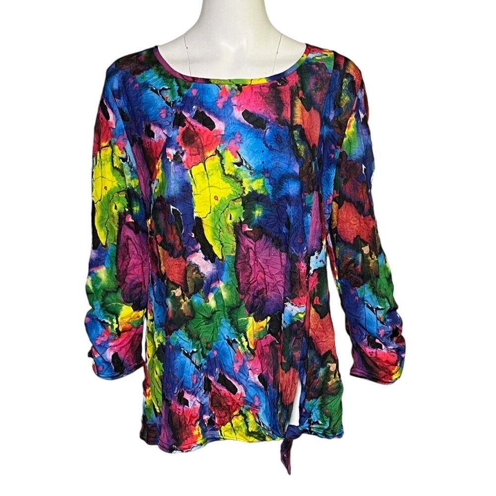 SnoSkins Crinkle Top Womens L Multicolor Abstract Art Print 3/4 Sleeve USA - Picture 2 of 8
